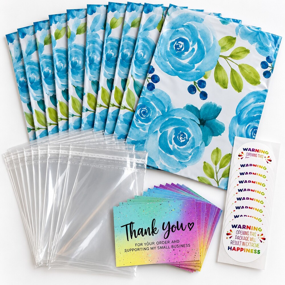 ★ 40pc Blue Rose Shipping Bundle | 10x13 Mailers, Bags, Cards & Stickers